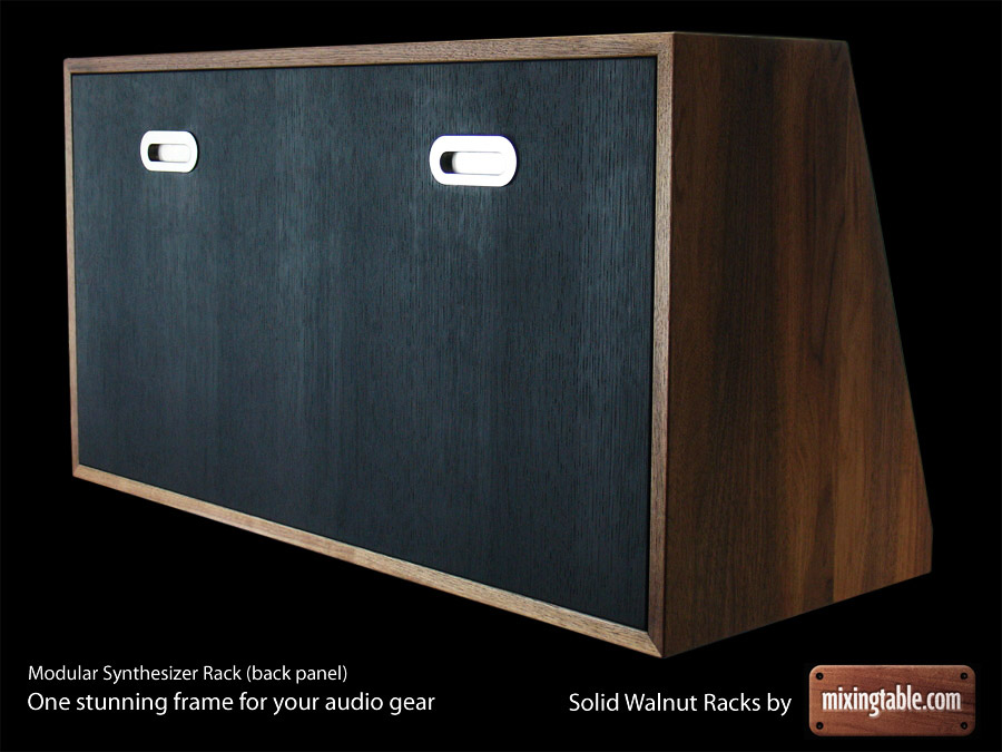 Solid Walnut Modular Synthesizer Rack (back) for 32 units by mixingtable.com